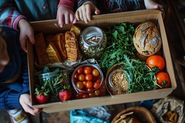 A box filled with various food items, including bread, tomatoes, and greens.