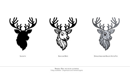 Reindeer - Deer Face Vector Illustration. White background. Cute animal's face. Reindeer illustrations. Animation ready and organized layers