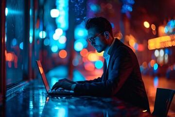 Man in a suit working on a laptop at night