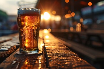 A glass of beer on a wooden table - obrazy, fototapety, plakaty