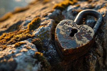 A rusty heart-shaped key on a rock