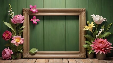 A Photorealistic Composition of Vibrant Flowers on Green Wooden Background.