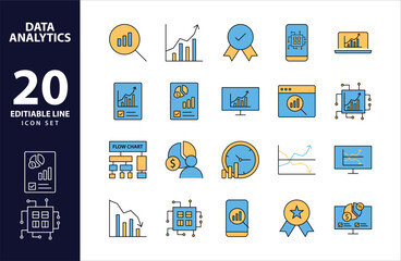 Precision Insights: Streamlined Web Icons for Data Analysis, Statistics, and Analytics - Minimalist Outline and color fill Collection in Vector Illustration. calculator, data, database, discover,