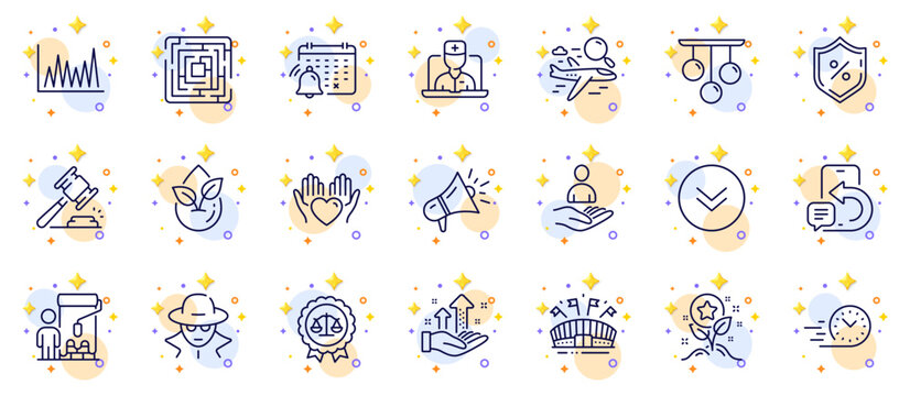 Outline set of Hold heart, Telemedicine and Ceiling lamp line icons for web app. Include Fraud, Painter, Organic product pictogram icons. Justice scales, Notification calendar, Megaphone signs. Vector