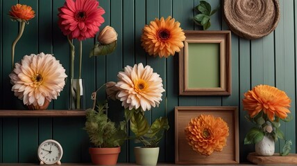 Obraz premium A Photorealistic Composition of Vibrant Flowers on Green Wooden Background.