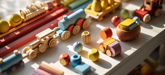 A colorful train set with various toy cars and a small yellow train car.