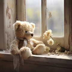 A teddy bear sitting on a windowsill, bathed in soft natural light, creating a serene and timeless image.