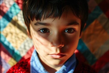Little Boy with Brown Hair and Blue Shirt - obrazy, fototapety, plakaty