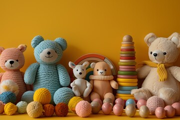 A collection of stuffed animals and toys on a yellow background.