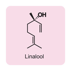 Linalool skeletal structure diagram.Monoterpenoid compound molecule scientific illustration on pink background.