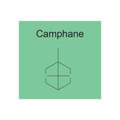 Camphane skeletal structure diagram.Monoterpene ketone compound molecule scientific illustration on green background.