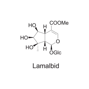 Lamalbid skeletal structure diagram.Monoterpenoid compound molecule scientific illustration on white background.