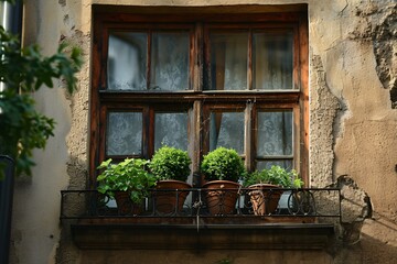 Fototapeta na wymiar A window with potted plants and a spider web.