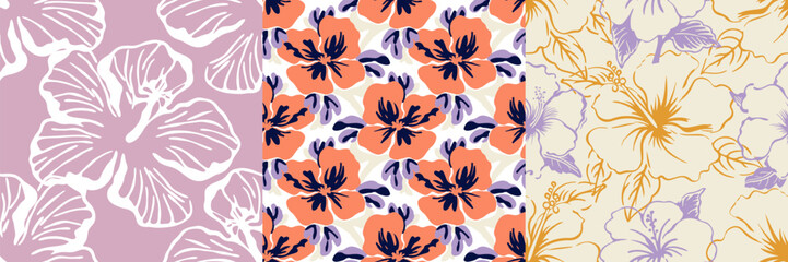 Set of hand drawn summer flower seamless pattern. Floral hibiscus background illustration, fashion fabric print with tropical hawaiian flowers. Vintage spring nature decoration texture bundle. - obrazy, fototapety, plakaty
