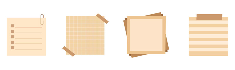 Sticky note set. Post-it collection with adhesive tape. Blank paper reminders isolated on transparent background. Vector illustration.