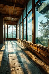 A large window with a wooden frame and a view of trees outside