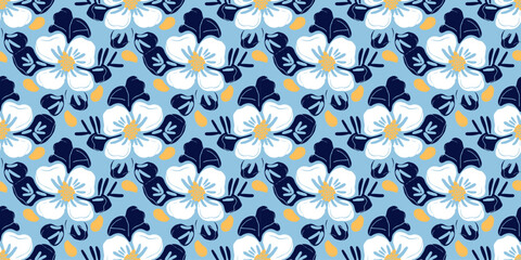 Hand drawn flower art seamless pattern illustration. Tropical hibiscus nature floral background in vintage art style. Spring season painting print.