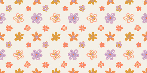 Hand drawn flower art seamless pattern illustration. Cute nature floral background in vintage art style. Spring season painting print.