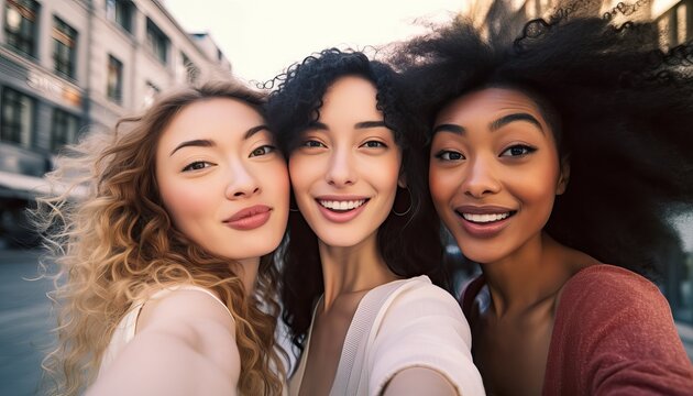 Three young women taking selfie pic with smart mobile phone device outside , Multiracial women smiling at camera together
