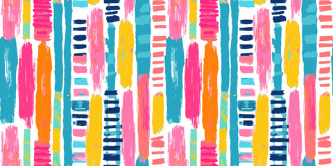 Colorful abstract brush stroke painting seamless pattern illustration. Modern paint line background in fun summer color. Messy graffiti sketch wallpaper print, freehand rough hand drawn texture. - obrazy, fototapety, plakaty