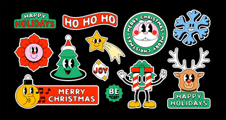 Set of funny vintage christmas cartoon character label on isolated background. Retro sticker patch illustration collection for xmas party celebration. Festive holiday season graphic bundle. - obrazy, fototapety, plakaty