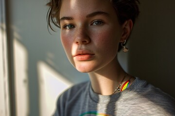 A woman with a nose piercing and a colorful necklace