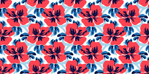 Hand drawn flower art seamless pattern illustration. Tropical hibiscus nature floral background in vintage art style. Spring season painting print. © Dedraw Studio