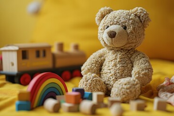 A teddy bear sitting on a yellow blanket next to a train.