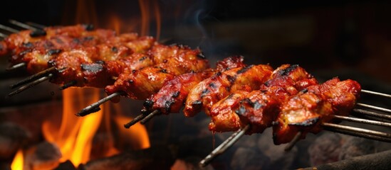 Grilled spicy chicken seekh kababs on metal skewers are sold as street food in Old Delhi market,...