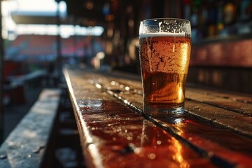 A glass of beer on a wooden table. - obrazy, fototapety, plakaty