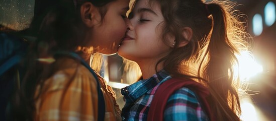Young girl kisses her mom goodbye and heads to school. - obrazy, fototapety, plakaty