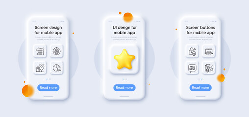 Calendar, Order and Fingerprint line icons pack. 3d phone mockups with star. Glass smartphone screen. Certificate, Select alarm, Charging station web icon. Fake news, Cyber attack pictogram. Vector