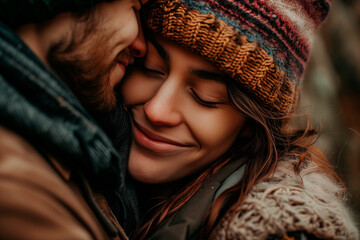  a woman with a winter hat closed her eyes and smiles, a man hugs her from behind, looks at her and smiles, faces in close-up. San Valentin concept - obrazy, fototapety, plakaty