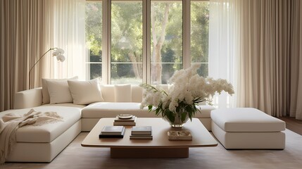 A serene living room featuring a cream-colored sectional sofa, a marble-top coffee table, and large windows adorned with sheer white curtains, allowing natural light to flood the space.