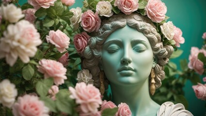 statue of a Greek goddess with flowers in her hair. - obrazy, fototapety, plakaty