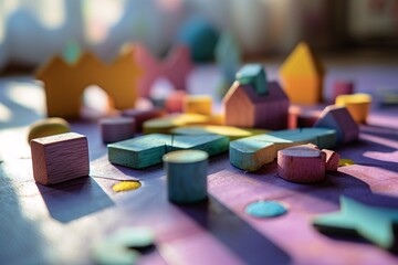A colorful puzzle of a town with a castle and a house - obrazy, fototapety, plakaty