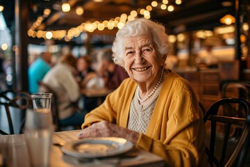 A smiling elderly woman sitting at a table with a plate of food in front of her - obrazy, fototapety, plakaty