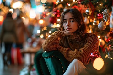 A woman sitting on a green chair in front of a Christmas tree.