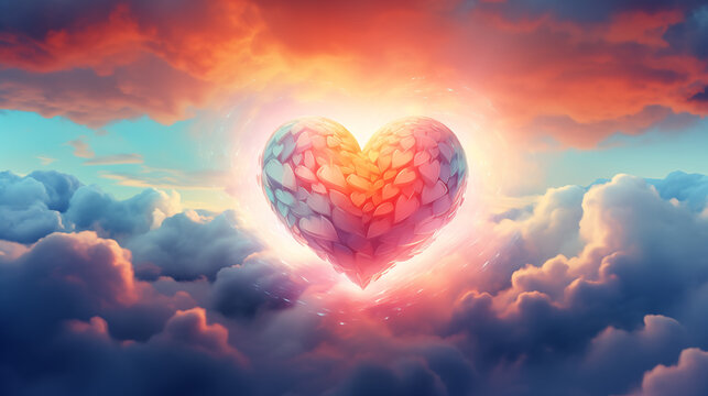 heart shaped clouds, beautiful colorful heart in the clouds as valentine day background, Ai generated image