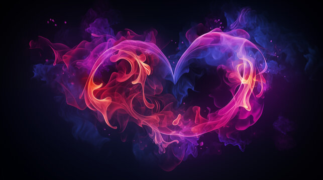 Heart shaped smoke, Cyber ​​neon colors, futuristic smoke and fog heart on dark background, Ai generated image