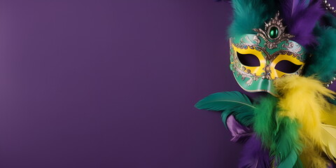 Bright stylish mask, beads and feathers, mardi gras background - obrazy, fototapety, plakaty
