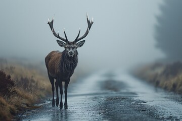 A deer with large antlers standing on a wet road