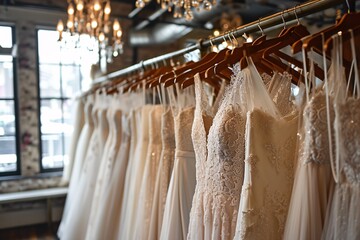 A row of white dresses hanging on a rack.