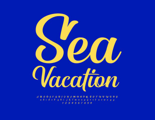 Vector travel logotype Sea Vacation. Yellow Calligraphic Font. Trendy Alphabet Letters and Numbers set