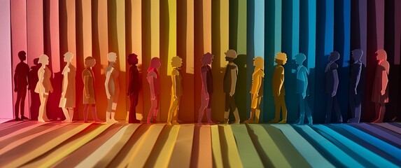 Colorful People Walking Along a Rainbow Wall