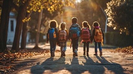 Five children walking down the street with backpacks - obrazy, fototapety, plakaty