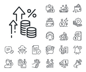 Money tax rate sign. Cash money, loan and mortgage outline icons. Inflation line icon. Financial interest symbol. Inflation line sign. Credit card, crypto wallet icon. Inflation, job salary. Vector