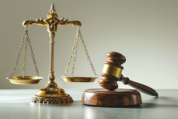 A gold scale of justice with a gavel and a wooden gavel - obrazy, fototapety, plakaty