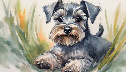 schnauzer puppy on a green background