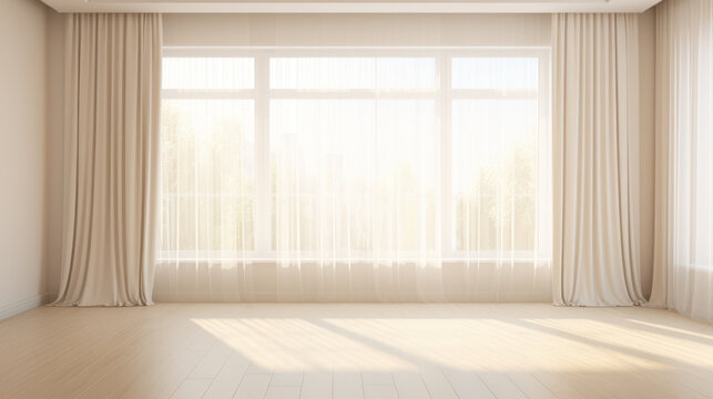 Modern empty room with window and white curtains indoors